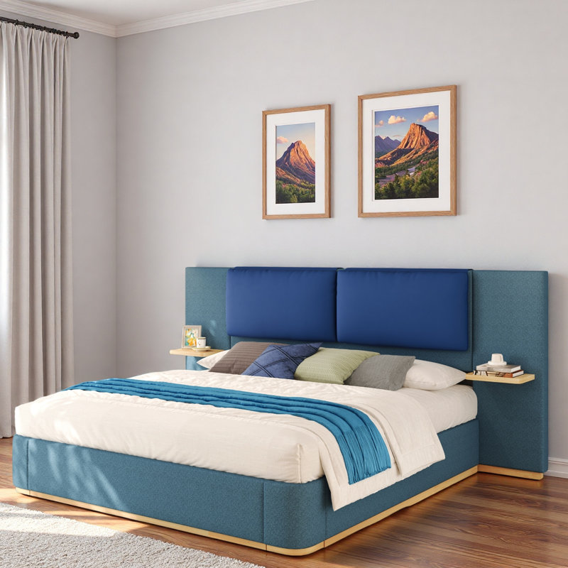 Lit plateforme tapissier avec tablettes, Très grand lit, Bleu