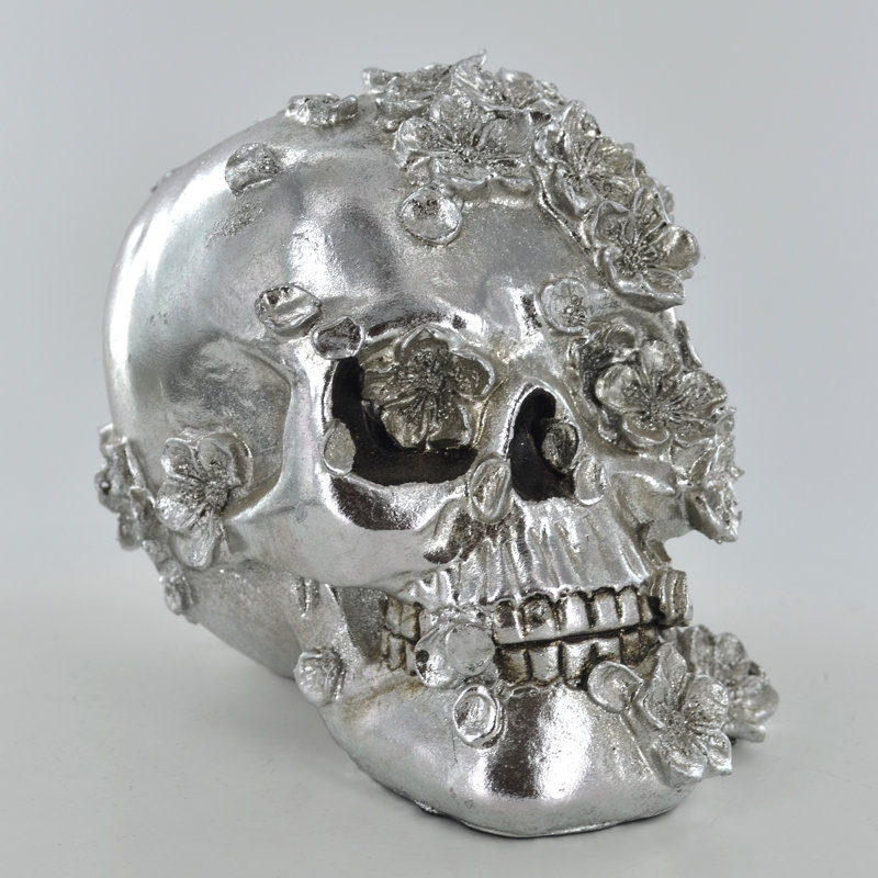 Skull With Flowers Silver Finish Comeau Scuplture