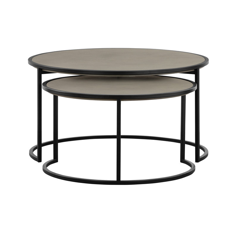 Ensemble de deux tables basses rondes imbriquées en béton et métal gris et noir 32 po
