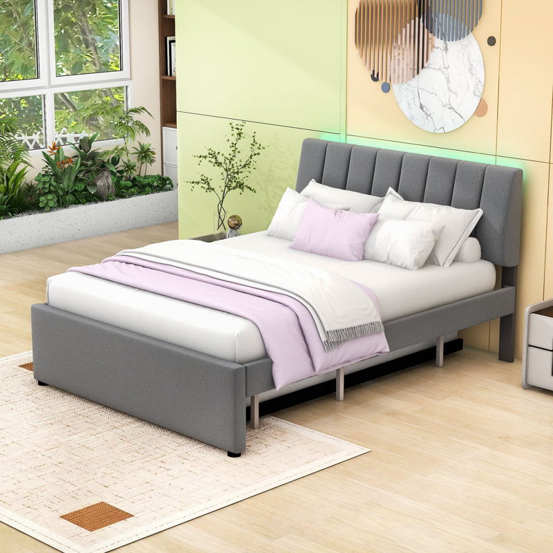Lit plateforme double rembourré avec lit gigogne simple et lumières DEL Teddy, Gris