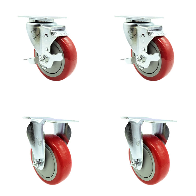 Ensemble de roulettes en polyuréthane avec roulettes et 2 freins 2 Rigid_20S414-PPUB-TLB-TP3-2-R-2, Rouge