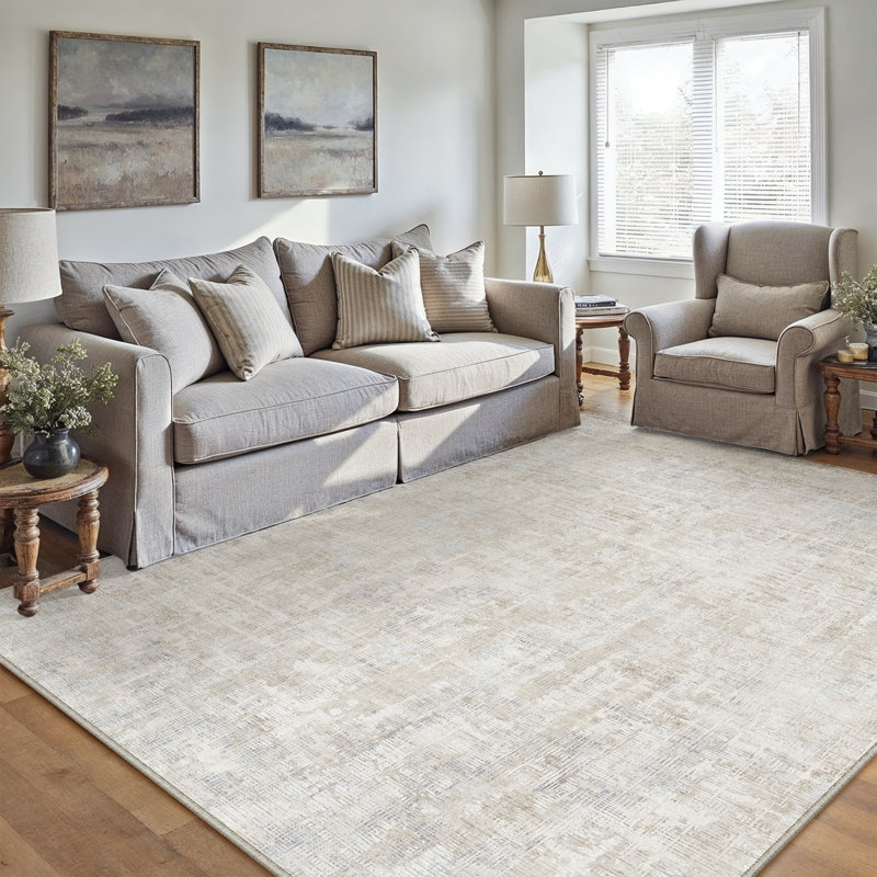 Tapis beige élégant et lavable à la machine, Rectangle 6 pi x 9 pi