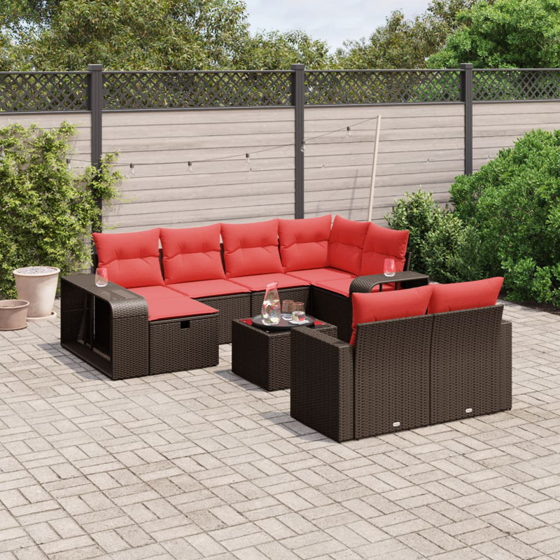 Ensemble de canapé de patio 10 pièces avec coussins en polyester noir Latitude Run®, Coussin rouge / cadre brun