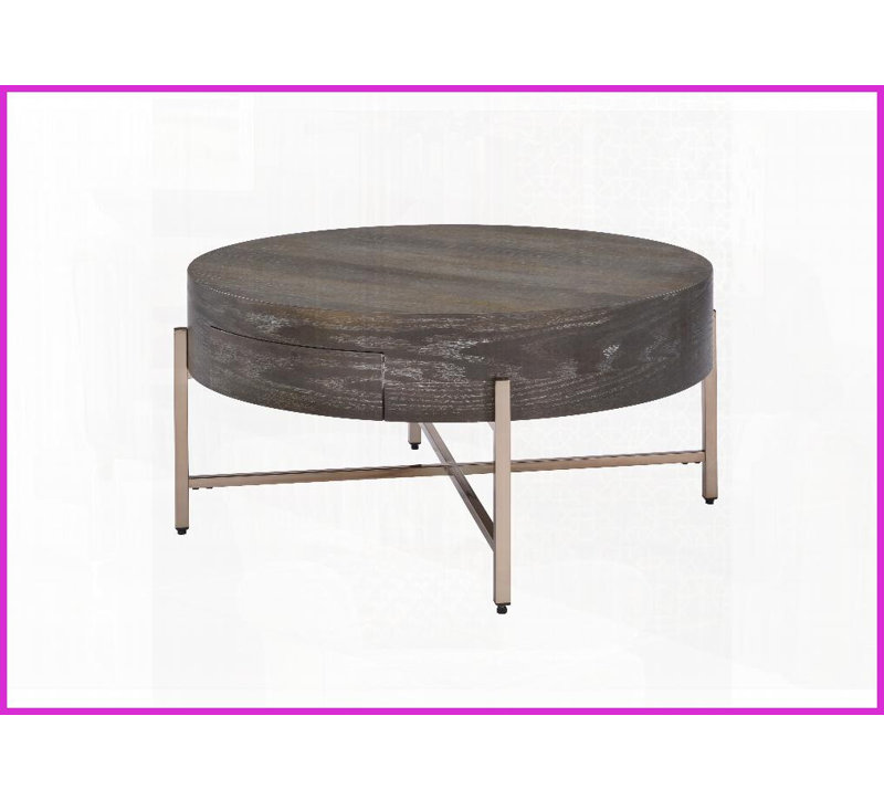 Table basse en forme de tambour brun clair avec base en métal champagne - 1 tiroir pour le rangement du salon