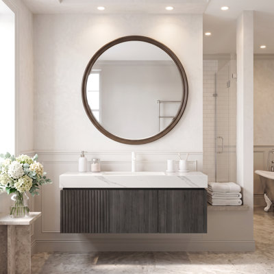 Meuble-lavabo mural 48 po en contreplaqué espresso avec fermeture en douceur, tiroir, 2 portes, lavabo en céramique de Carrare blanc, sans robinet, un trou, pré-assemblé