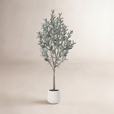 Adcock Faux Olive Tree with Oval White Planter, Pre Potted Fake Greenry Olive Plant for Home Decor