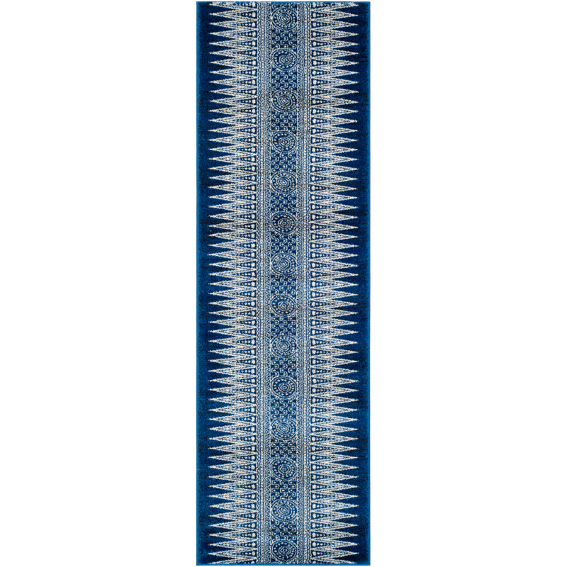 Tapis géométrique bleu royal / ivoire Allard, Tapis de couloir 2 pi 2 po x 11 pi