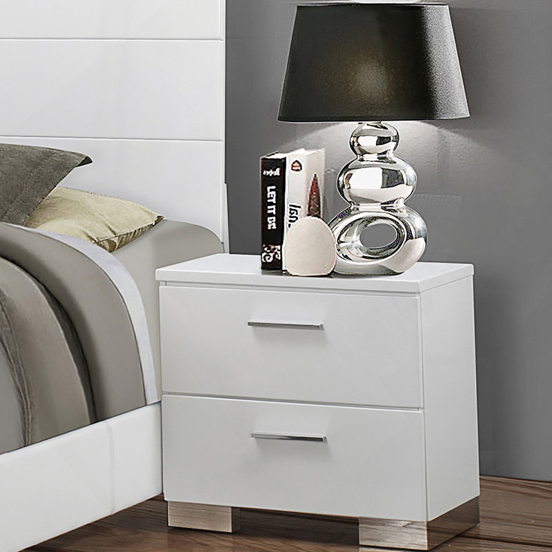 Table de chevet blanche 2 tiroirs ultrabrillante