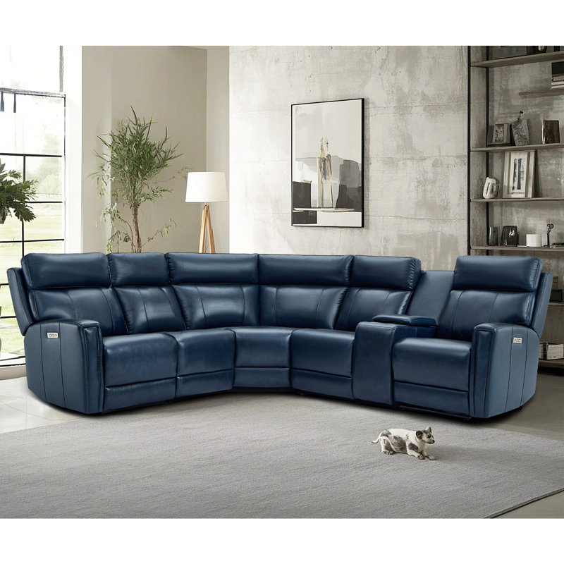 6-Piece, 2 Power recliners Leather Reclining Sectional, Power headrest  , Navy Blue Genuine Leather, Power - Dial
