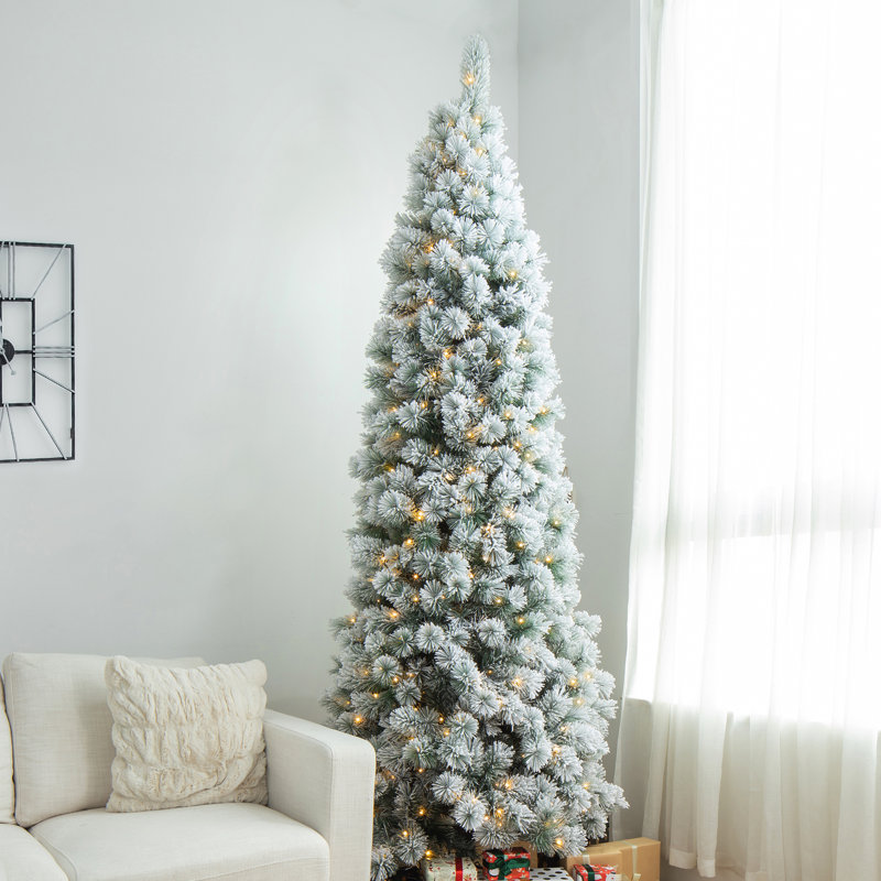 9' White Flocked Pine Christmas Tree with Multicolored Lights