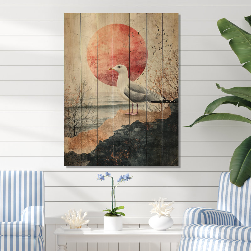 Coastal Seagull Golden Rose Sunset Elegance II - Décoration murale en bois Seagull - sur bois de pin naturel