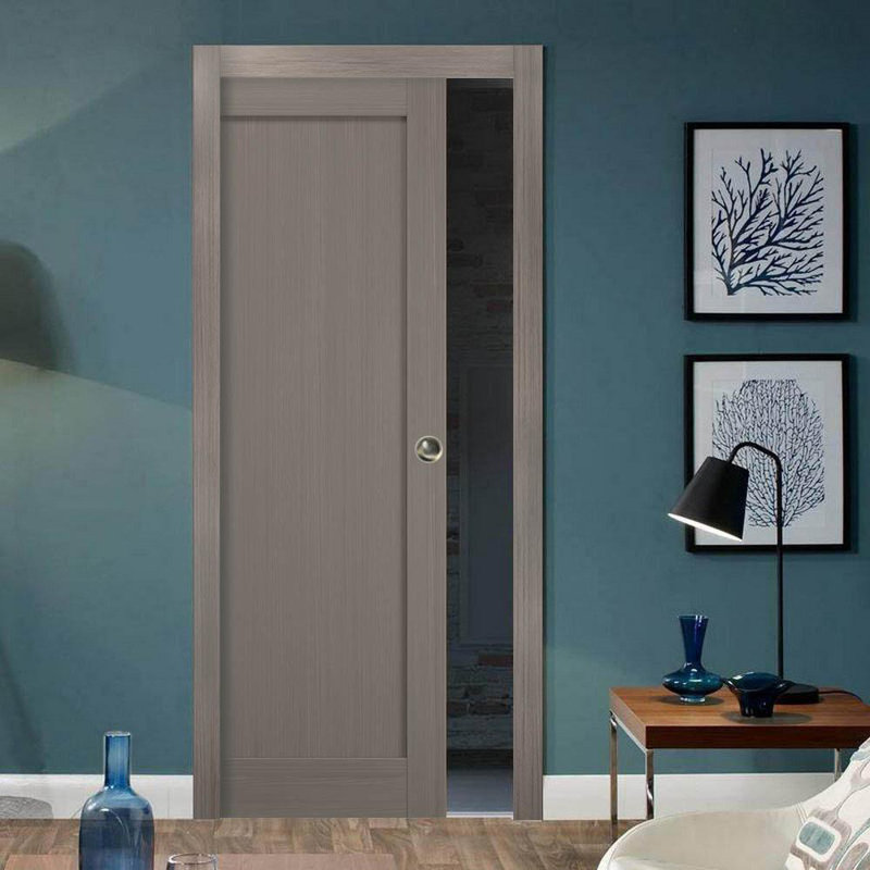 84-inch Gray Ash Solid Core Pocket Door with Eco-Veneer