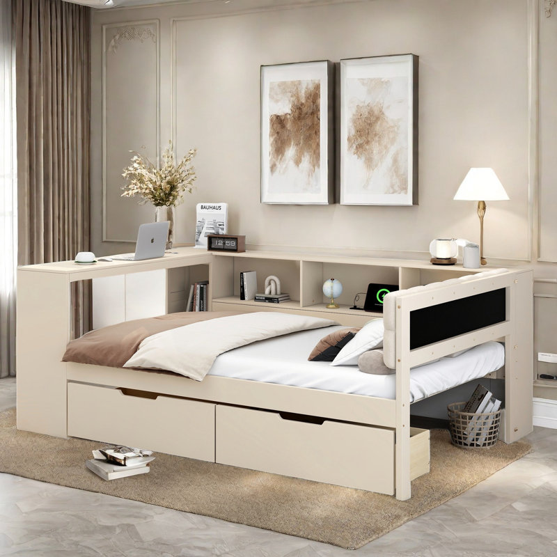 Lit moderne avec tablettes de rangement, 2 tiroirs, station de charge, bureau d'étude et tête de lit tapissier, Simple