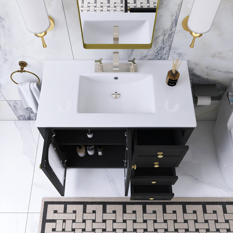 36 po Meuble-lavabo sur pied élégant et élégant, Noir, noir, noir, noir