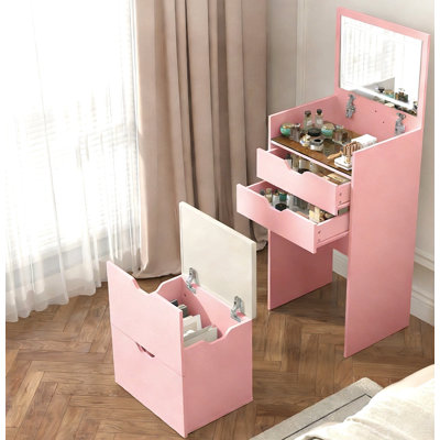 Dressing Table And Stool, 3-In-1 Multifunctional Dressing Table Set, Featuring Three-Color Lighting Modes, Hd Mirror, Two Sliding Drawers And A Hidden Storage Stool
