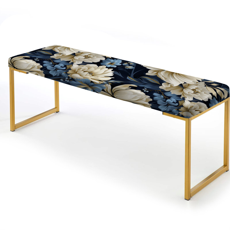 Dark Blue And White Flower Damask Breeze - Damask Upholstered Gold Bench