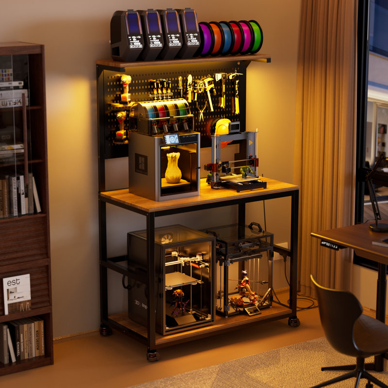 Support pour imprimante 3D avec banc de rangement à filament, table pour imprimante 3D avec station de charge et lumières à DEL, bureau pour imprimante à roulettes robuste avec panneau perforé pour atelier / bureau / garage, brun