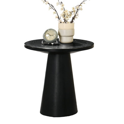 Table de bout contemporaine noire ronde, base à piédestal conique, combinaison d'hévéa et de bois d'ingénierie, largeur de 20 po de profondeur, 21 po de hauteur, une seule pièce