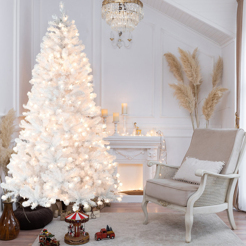 Arbre de Noël blanc 9 pi pré-éclairé avec fil mémoire - 650 lumières incandescentes chaudes, extrémités de 1930, conception à dépliage automatique, support en métal stable, arbre de Noël artificiel en PVC
