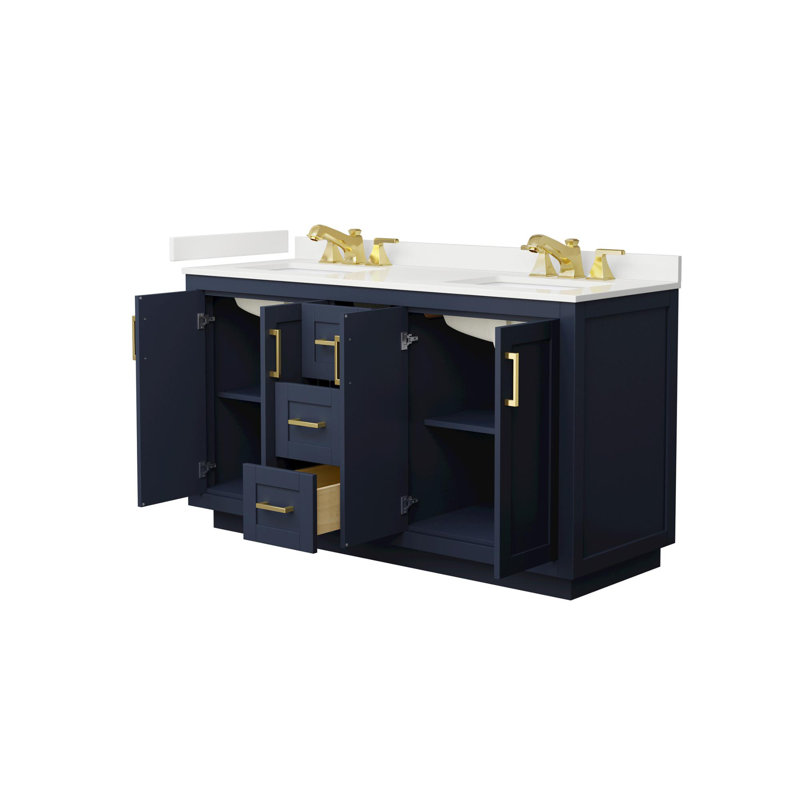 Miranda 60" Freestanding Double Bathroom Vanity with Quartz Top, Dark Blue, White Quartz, Brushed Gold