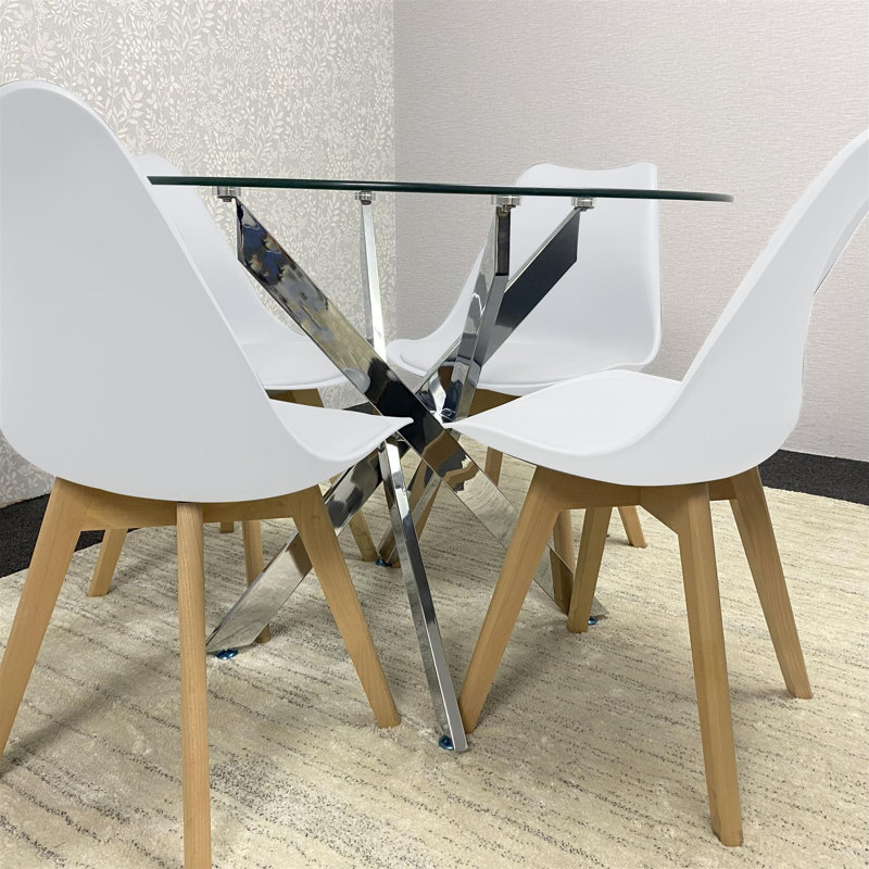Round Glass Dining Table with Velvet Chairs - Dining Kitchen Room Furniture, White
