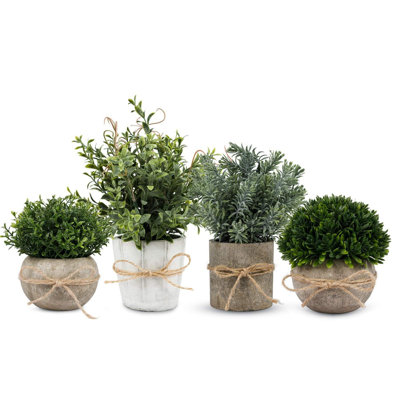 Ensemble de 4 petites plantes artificielles en pot d'inspiration campagnarde avec contenants blancs