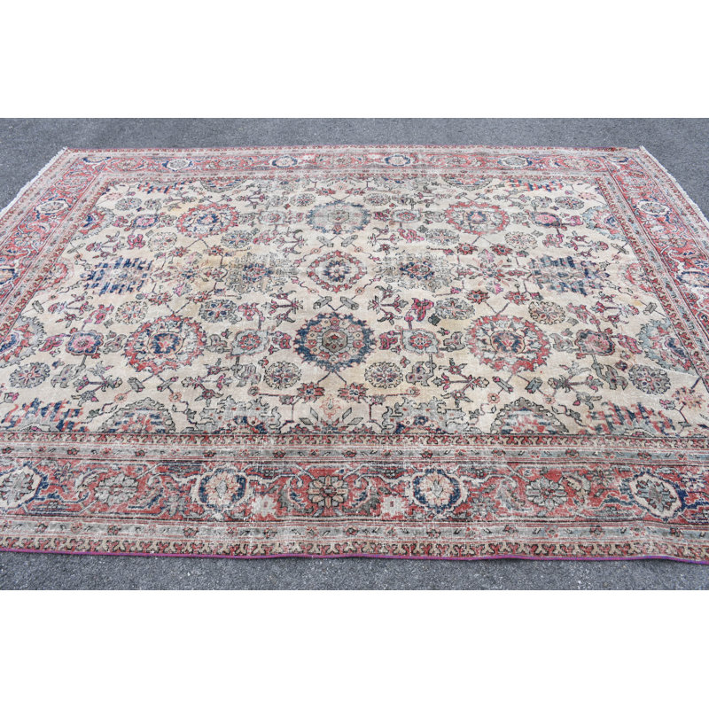 Tapis turc Oushak fabriqué à la main en laine avec motifs beige et convient aux espaces extérieurs et surdimensionnés