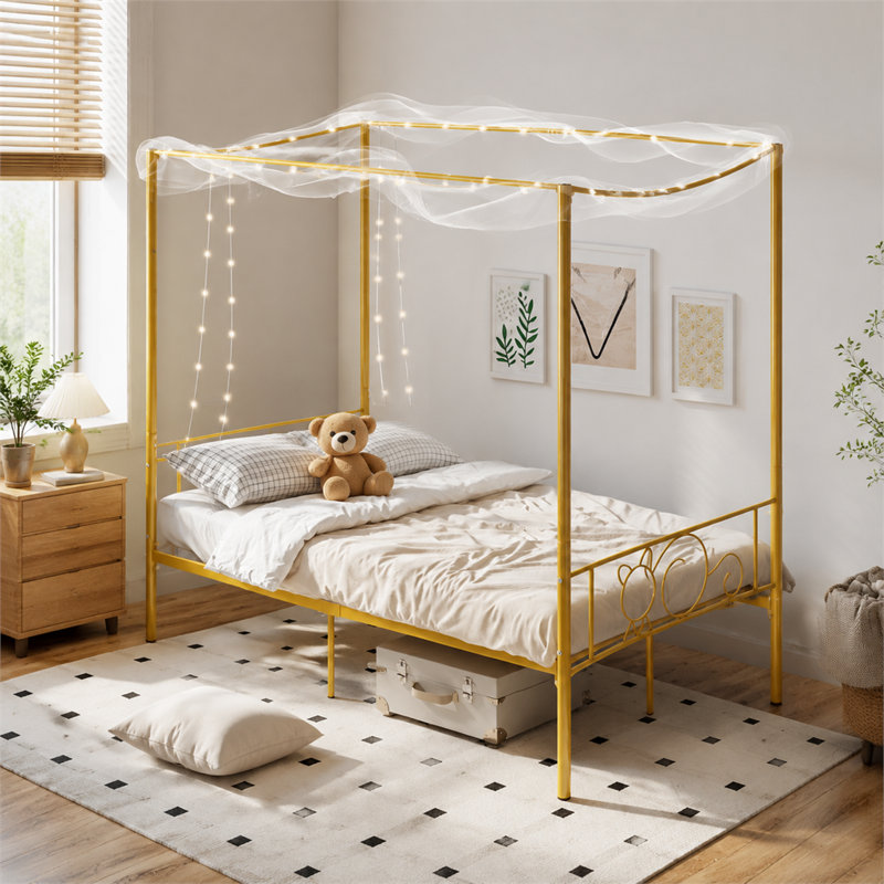 Lit à baldaquin en métal de 78,2 pouces de long, de taille standard, avec tête de lit simple, support en acier robuste, rangement sous le lit, aucun sommier nécessaire, finition dorée – montage facile.