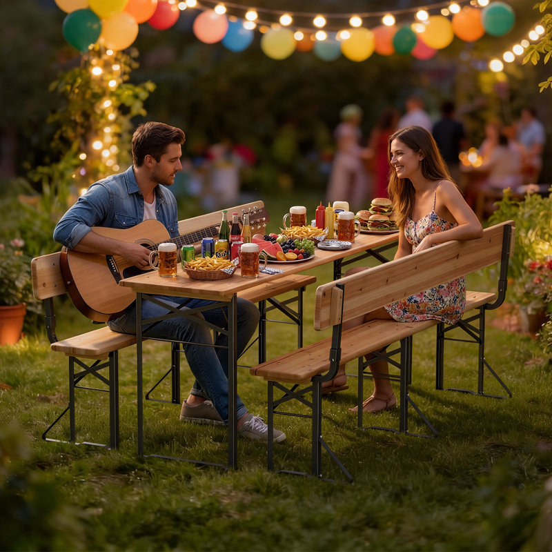 70 In. Rectangle Wood Picnic Table Iron Frame With Backrest Bench Seats, 30" H x 70" W x 19.7" D