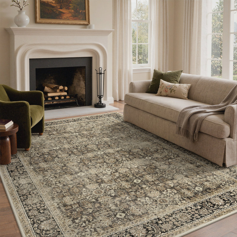 Roehit Mushroom Distressed Medallion Charcoal Vintage-Style Oriental Performance Area Rug, Non-slip & Stain Protection