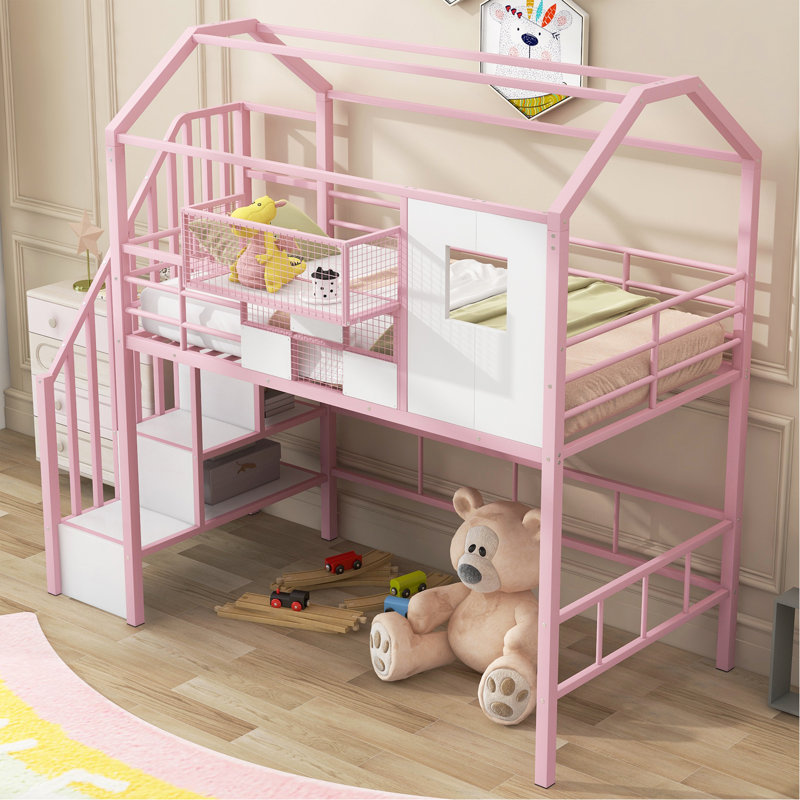 Lit mezzanine en métal avec toit et boîte de rangement, simple, rose, Pink