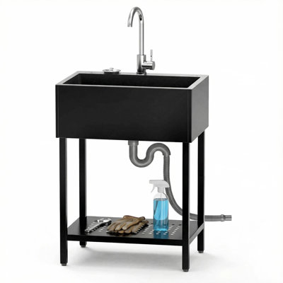 Freestanding Utility Sink In Back, 26 In. W X 18 In. D  | Stainless Steel | With Full Accessroies