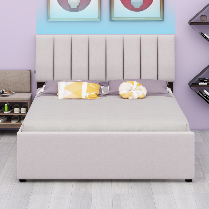 Lit plateforme tapissier avec lit gigogne, Beige