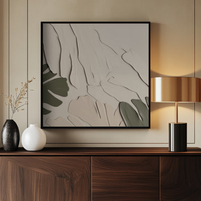 Sketch Faune VI by Alma – Botanical Wall Décor with Beige Forms and Green Leaf Shapes | 20"x20" | Black Frame