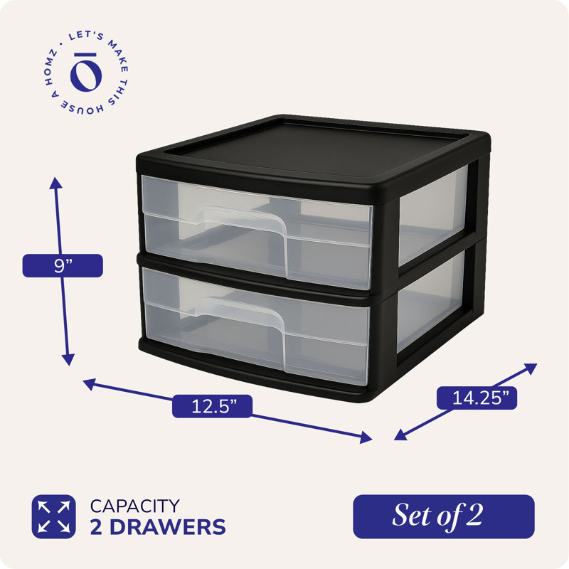  Chariot de rangement en plastique moyen 2 tiroirs, cadre noir avec tiroir transparent, paquet de 2, Noir