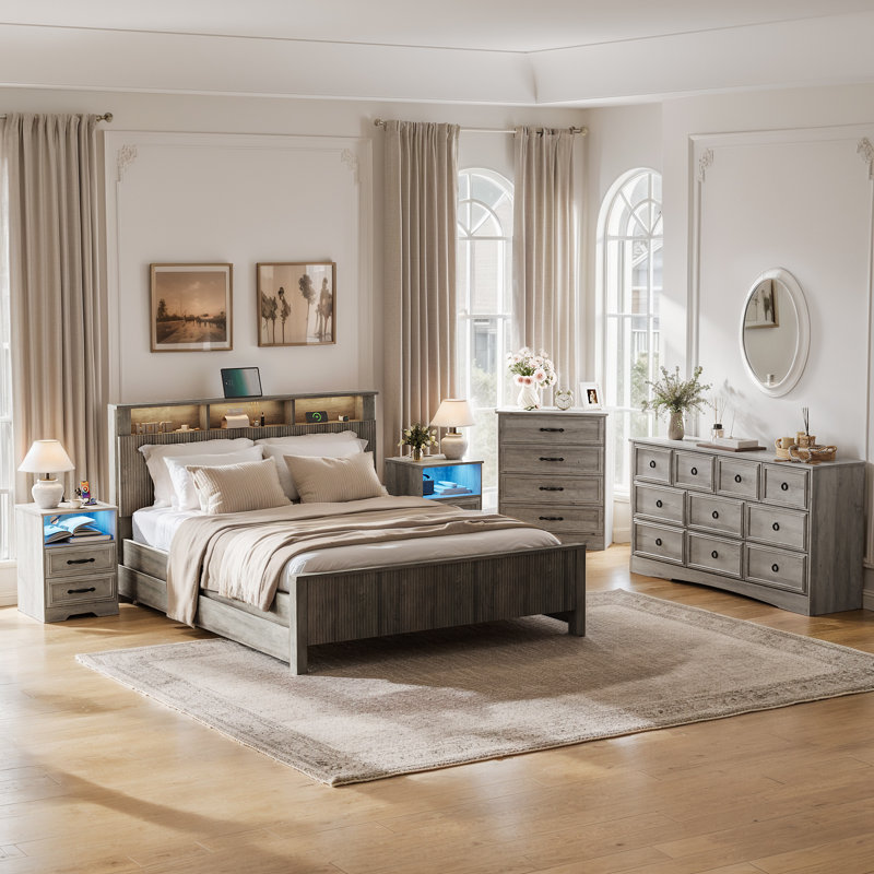  Ensemble de commode 3 pièces - commode 4 tiroirs et deux tables de chevet 2 tiroirs avec station de charge, gris délavé