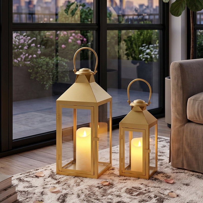 Breakwater Bay Set of 2 Black Decorative Lanterns 17.5inch&13.5inch Metal Candle Lanterns, Gold
