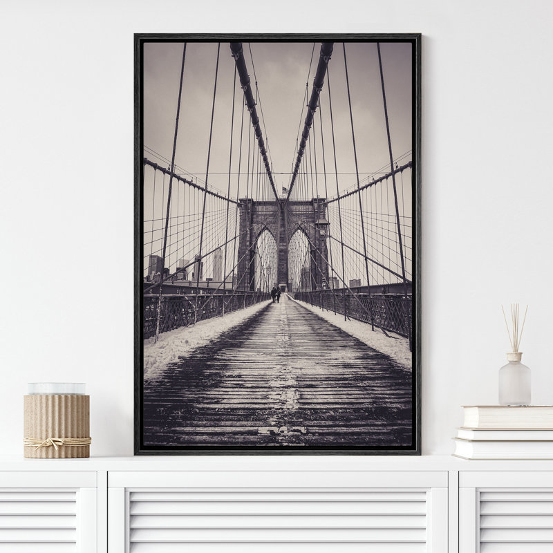 Architecture Building  Bridge in New York City Photograph Classic Pictures Framed On Canvas Print Wall Art, Black