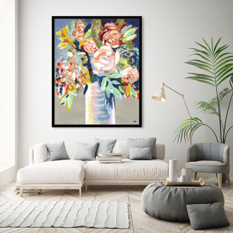 Cadre floral peint à l'orange, H 47 po x l 38 po, Cadre noir
