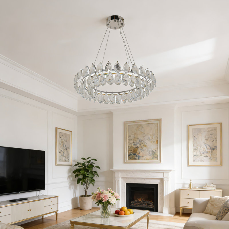 23.6" Modern Teardrop Crystal Chandelier, Adjustable Cord, Built-In 3-Colors Led