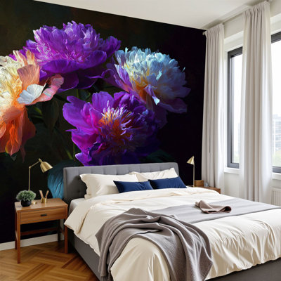 Peintures murales rétro vintage pelez et collez, pivoines violettes magenta, art mural dramatique, peinture murale, H 100 po x l 144 po, papier peint amovible en PVC, peintures murales auto-adhésives, décoration pour le salon de la chambre à coucher