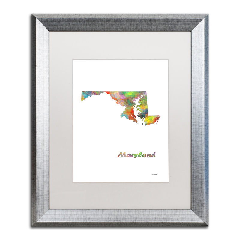 « maryland state map-1 », impression encadrée à l’image, H 14 po x l 11 po x P 0,5 po, argent