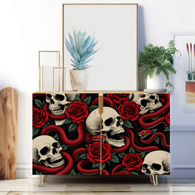 Buffet étroit de 35,4 po de largeur - armoire de rangement d'appoint à 2 portes avec imprimé de têtes de mort roses et pieds en métal