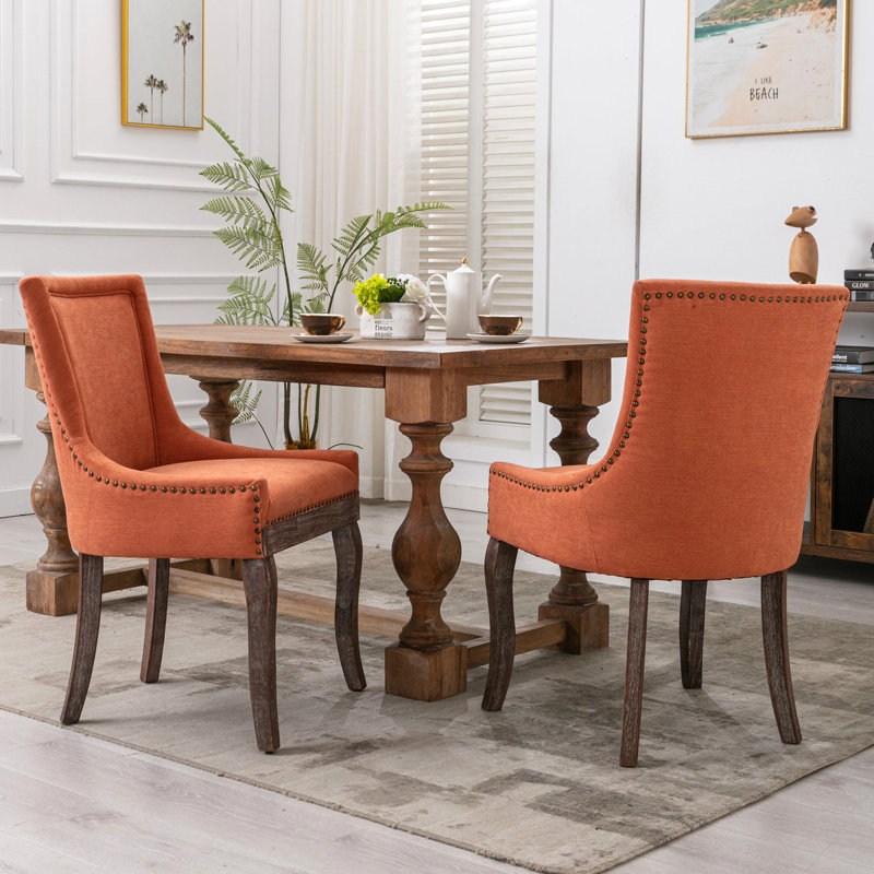 Chaise de salle à manger orange en tissu épaissi orange, 2 pieds en bois massif, modèle latéral, 20,41 po Largeur, 36,43 hauteur, 2 pièces, tissu, 22,93 profondeur,
