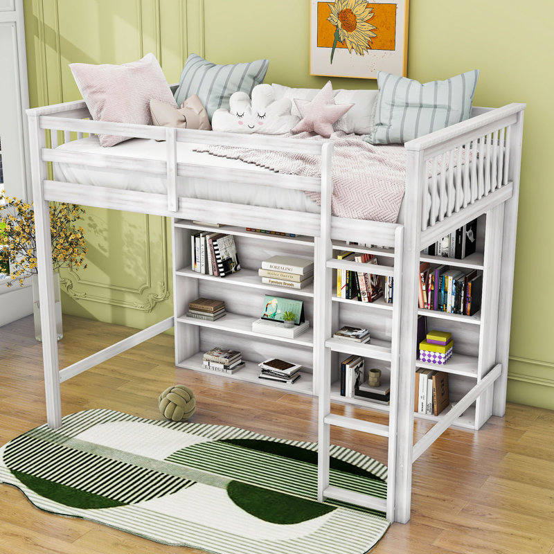 Illar Full Loft Bed with Shelves by SATING, Antique White