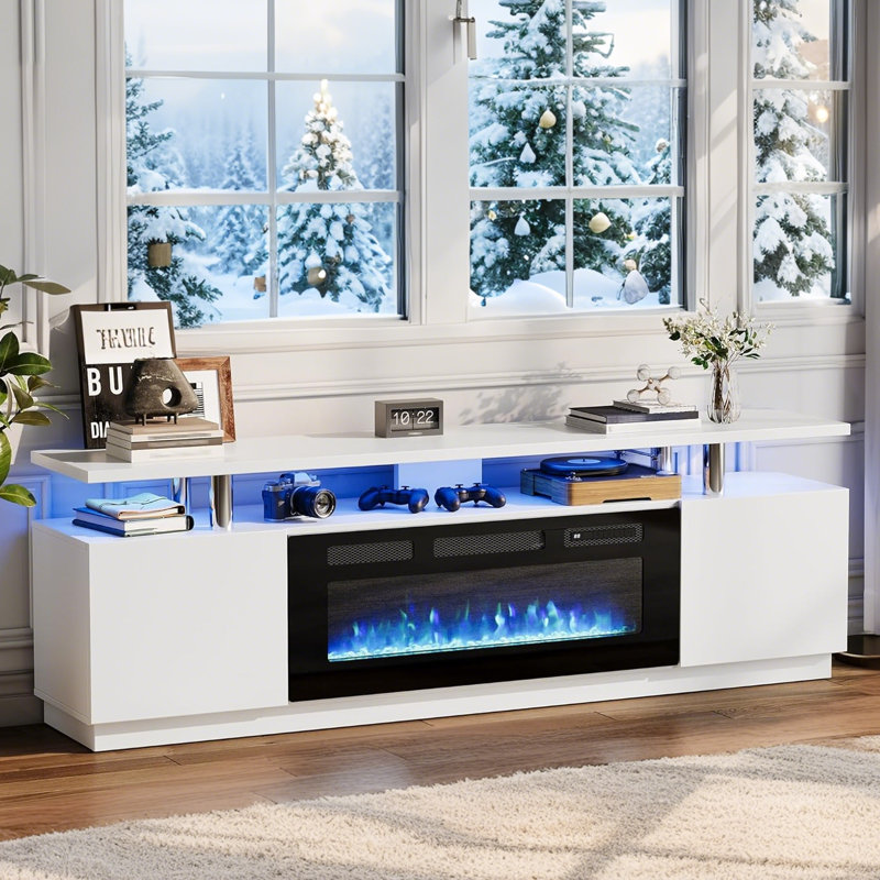 Meuble télé 70 po avec foyer électrique 36 po, 12 lumières DEL de couleur, 750 W / 1500 W pour téléviseur 80 po Max