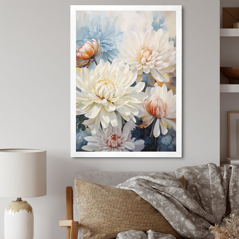 «White Mums In Blue Dream» sur toile, Cadre simple blanc, H 32 po x l 24 po x P 1 po