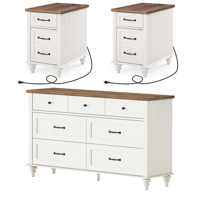 Scarlett 3 Piece Bedroom Set - Includes Mid Century 7 Drawer Dresser, Set Of 2 Side Tables With Charging Station & Storage Cabinet, 3 Piece Dresser An