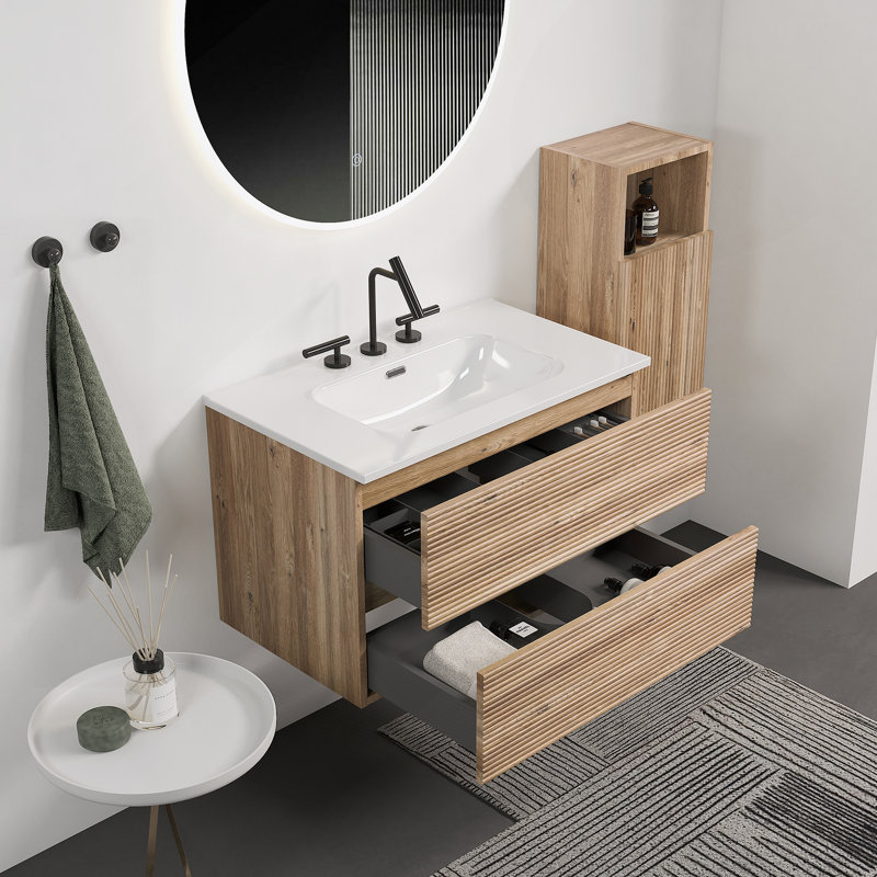 Meuble-lavabo mural avec lavabo en céramique, 30", Chêne