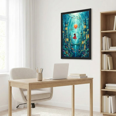 Underwater Castle With Floating Girl And Balloon Canvas Wrapped Wall Art Oil Painting Print Set Of 1